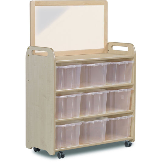 Millhouse Early Years Mobile Shelf Unit With Top Mirror Add-on and 9 Clear Tubs