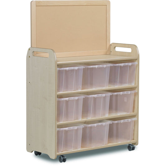 Millhouse Early Years Mobile Shelf Unit With Top Display Add-on and 9 Clear Tubs