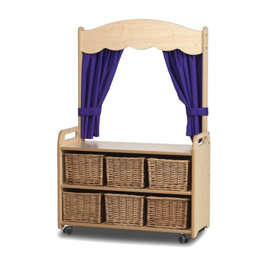 Millhouse Early Years Mobile Tall Unit with Theatre Add-on with 6 Baskets and Purple Curtains
