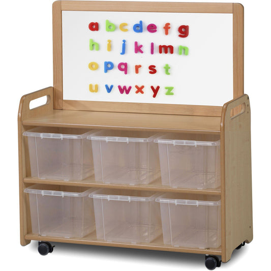 Millhouse Early Years Mobile Unit With Top Magnetic Whiteboard Add-on 6 Clear Tubs