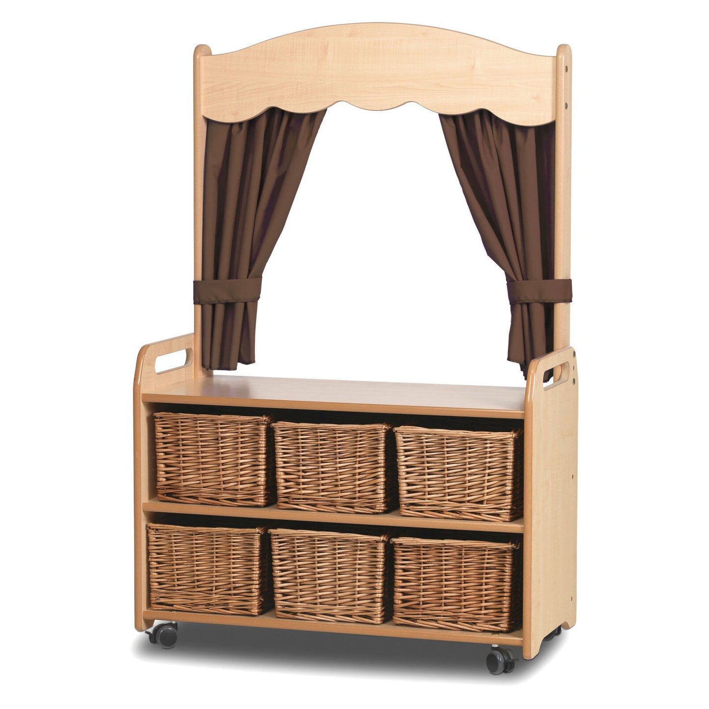 Millhouse Early Years Mobile Tall Unit with Theatre Add-on with 6 Baskets and Taupe Curtains