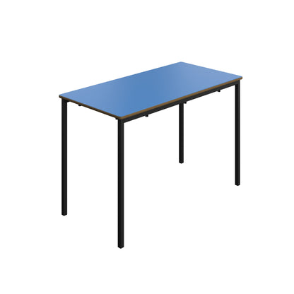 Rectangular table with a blue top and black legs on a white background