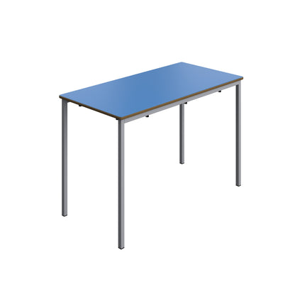 Rectangular table with a blue top and metal legs on a white background