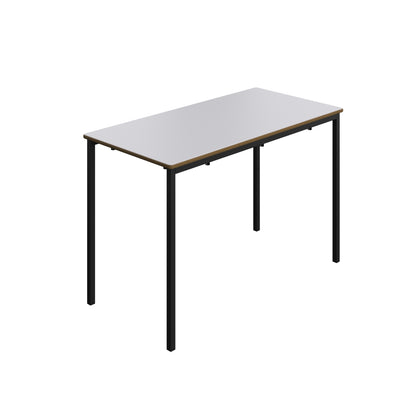 Rectangular table with a white top and black legs on a white background