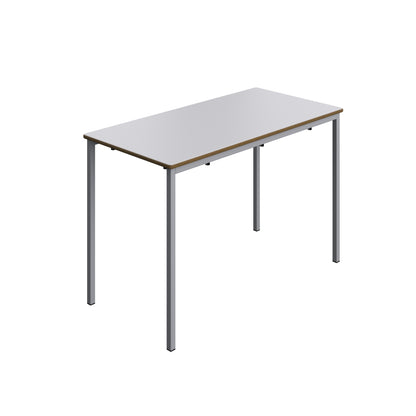 Rectangular table with white top and metal legs on a white background