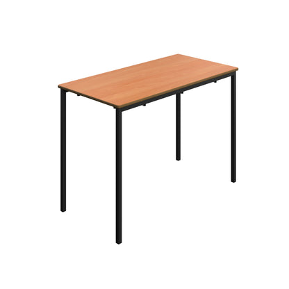 Rectangular wooden table with black legs on a white background