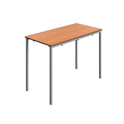 Wooden table with metal legs on a white background