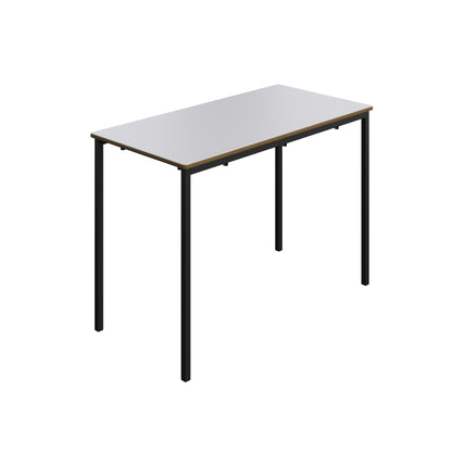 Rectangular table with a white top and black legs on a white background
