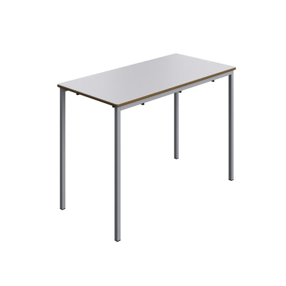 Rectangular table with white top and metal legs on a white background