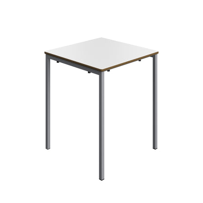 Small table with a white top and brown sides on a white background