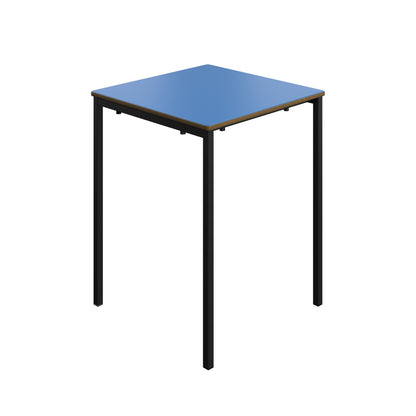 Small table with a blue top and black legs on a white background