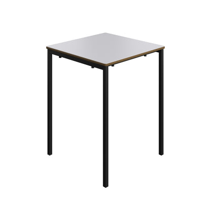 Small table with a white top and black legs on a white background