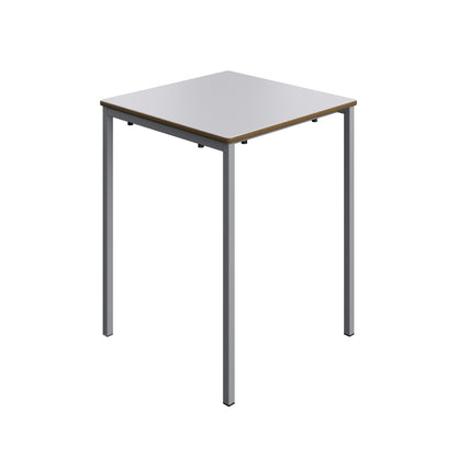 Square table with a white top and brown sides on a white background