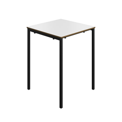 Small table with white top and black legs on a white background