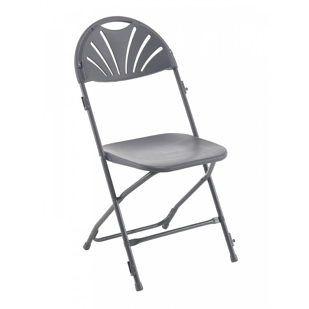 Charcoal linking fan back folding chair on a white background