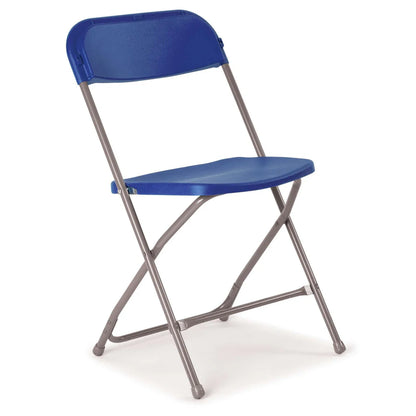 Blue folding chair with metal frame on a white background