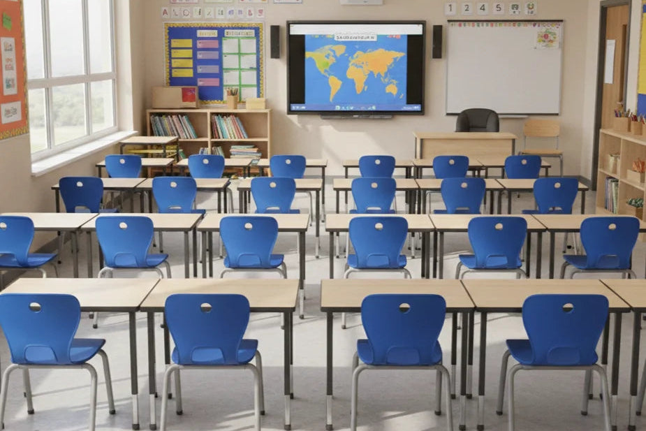 An organized classroom with desks and chairs, highlighting furniture options from a school furniture supplier.