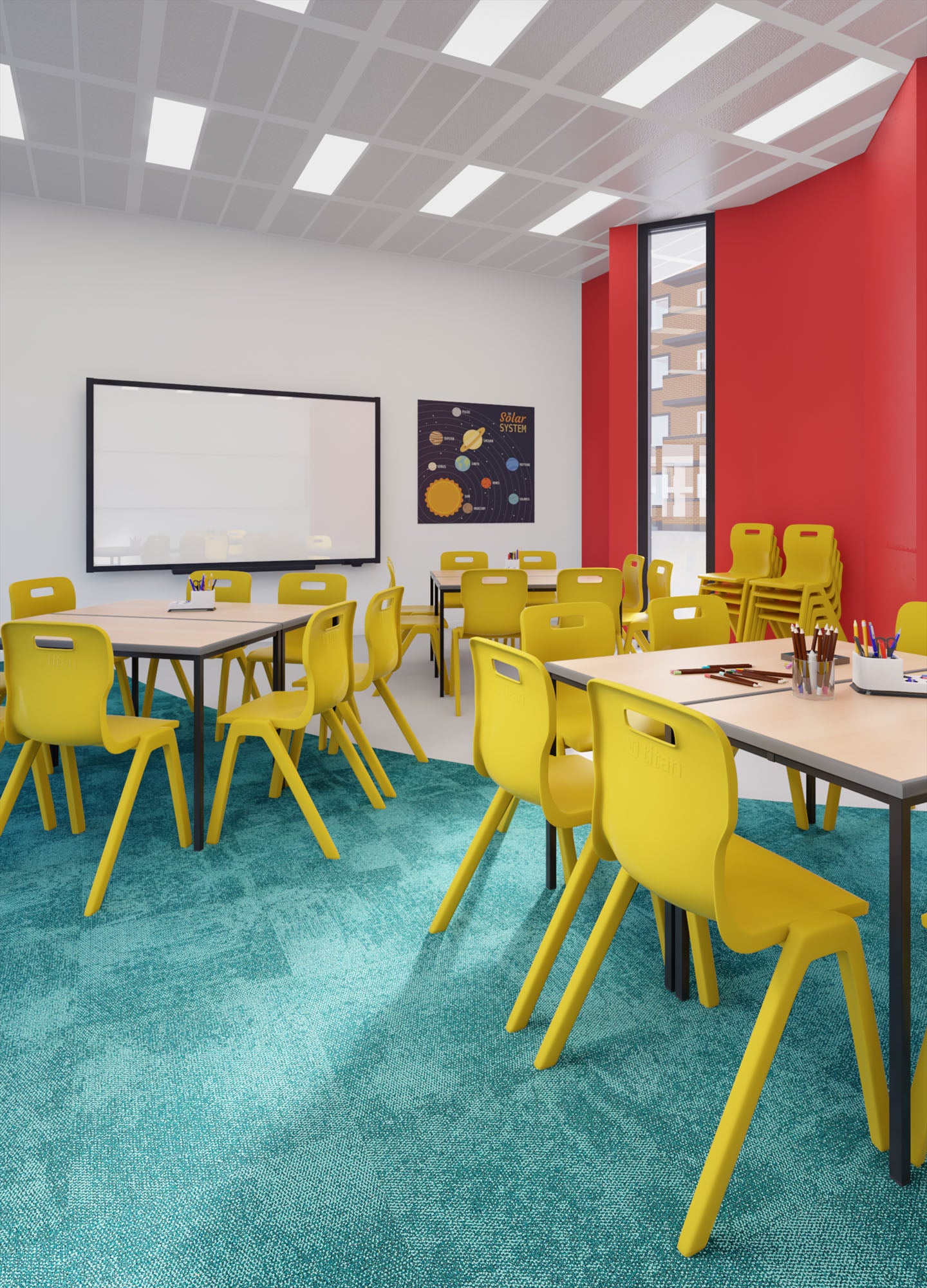 yellow one piece chairs in a classroom