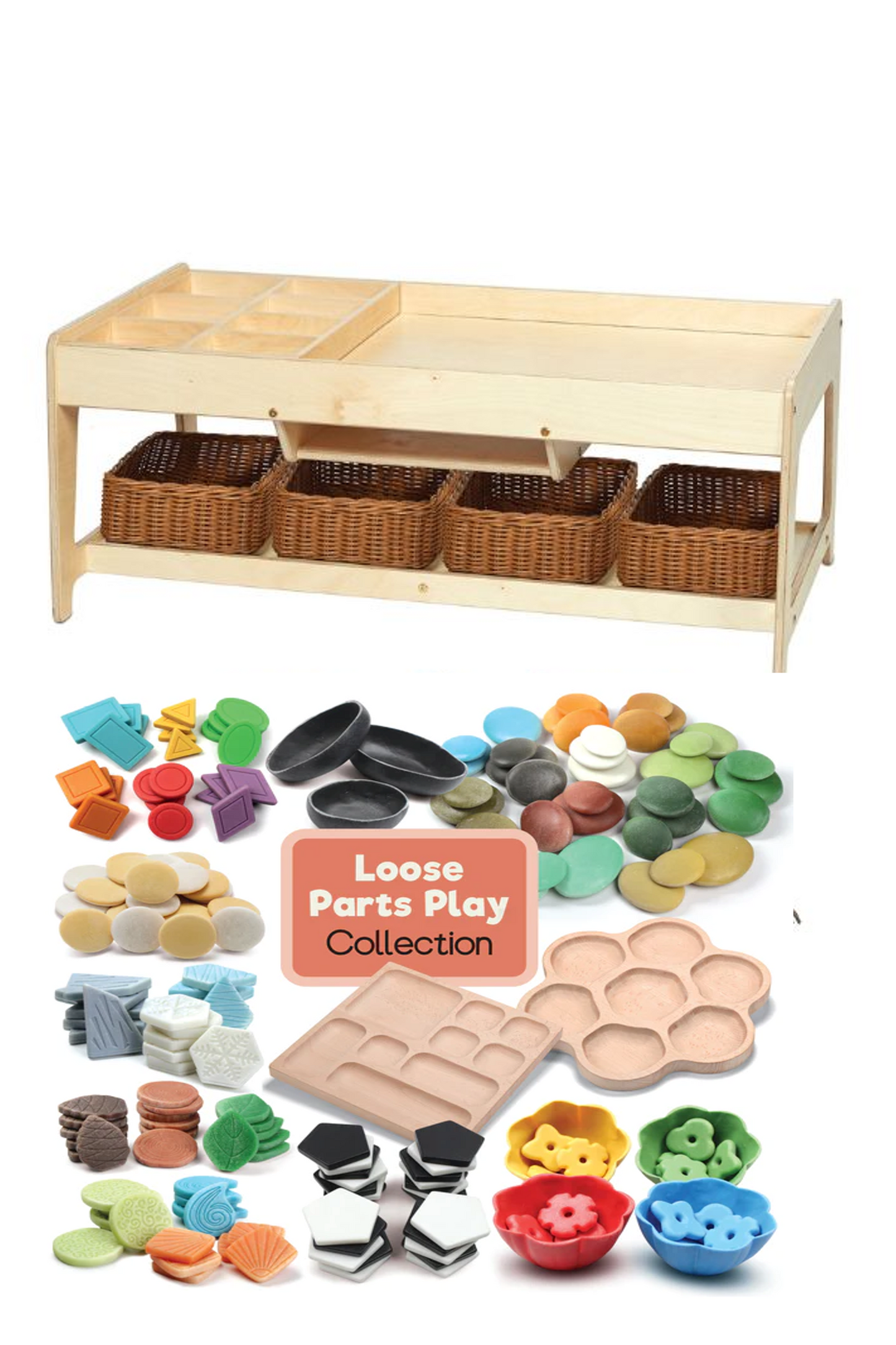 Millhouse Early Years Investigative Play Table and 4 Baskets plus Loose Parts Collection