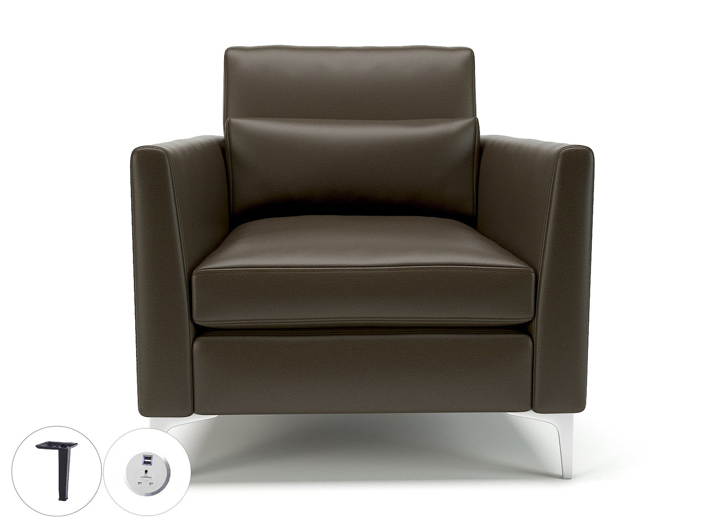 Roselle 90cm Wide Armchair in Cristina Marrone Ultima Faux Leather with Socket