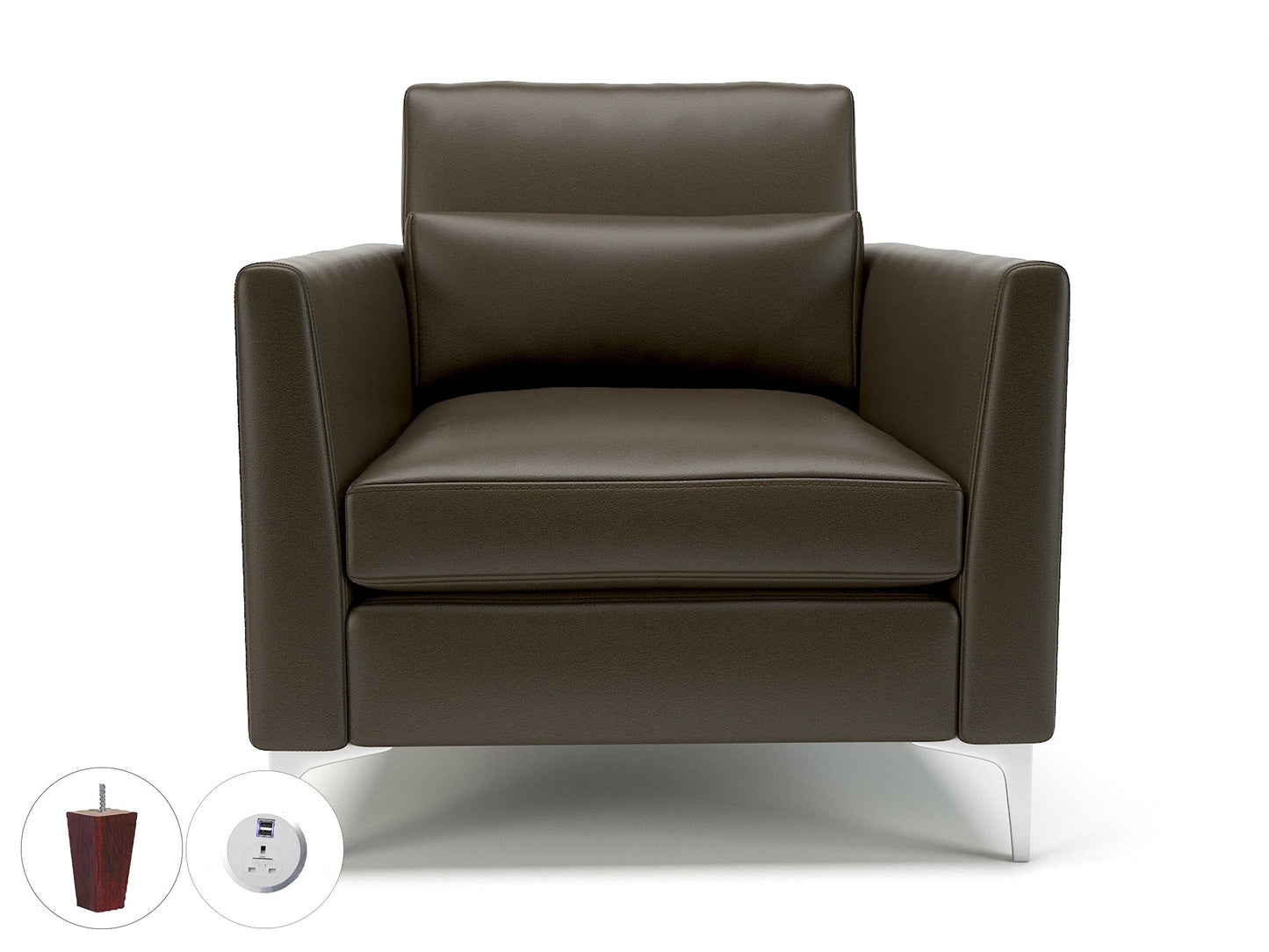 Roselle 90cm Wide Armchair in Cristina Marrone Ultima Faux Leather with Socket