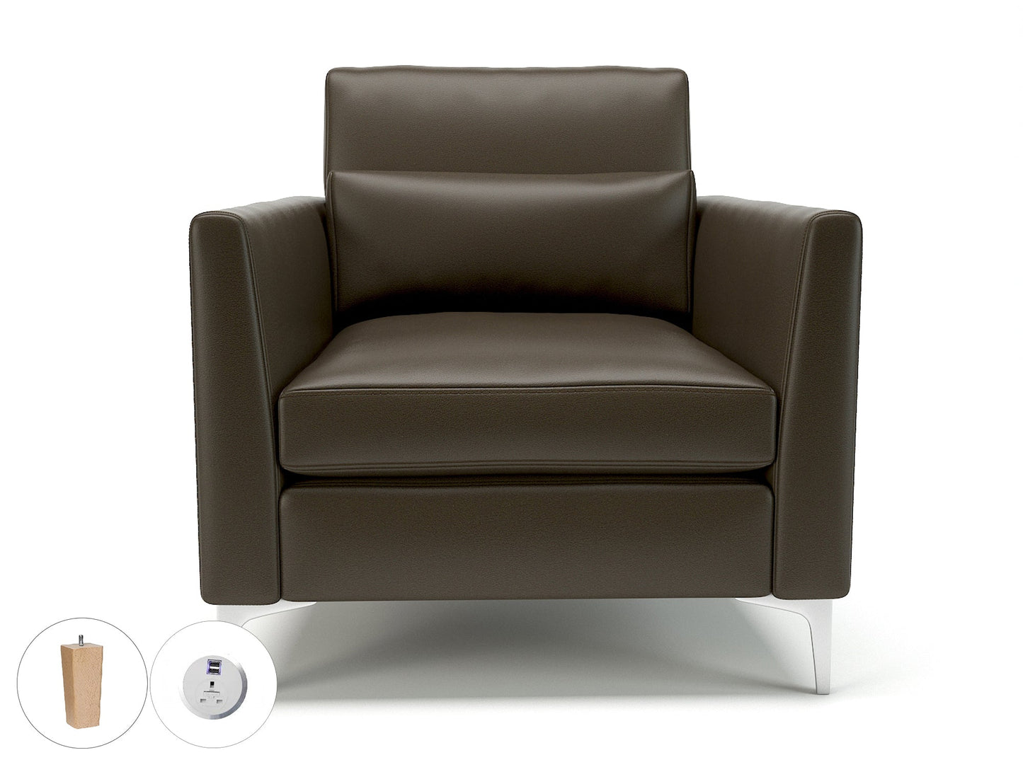 Roselle 90cm Wide Armchair in Cristina Marrone Ultima Faux Leather with Socket