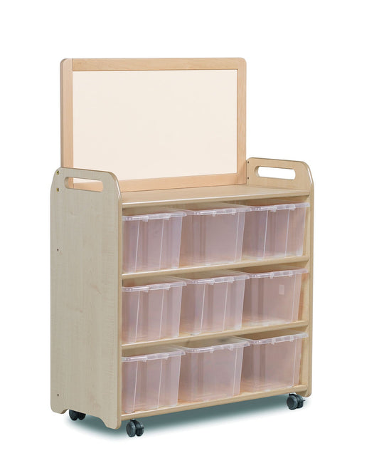 Millhouse Early Years Mobile Shelf Unit With Top Magnetic Whiteboard Add-on and 9 Clear Tubs
